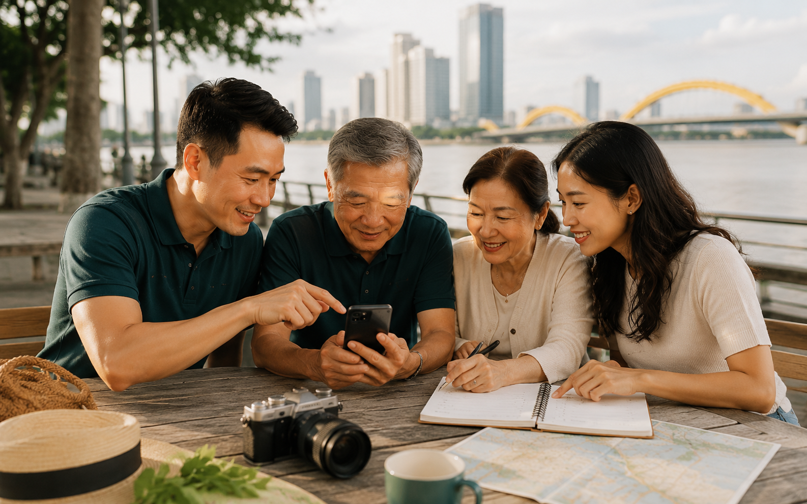 Bàn chuẩn bị cẩm nang Đà Nẵng với bản đồ, điện thoại và ghi chú hành trình.