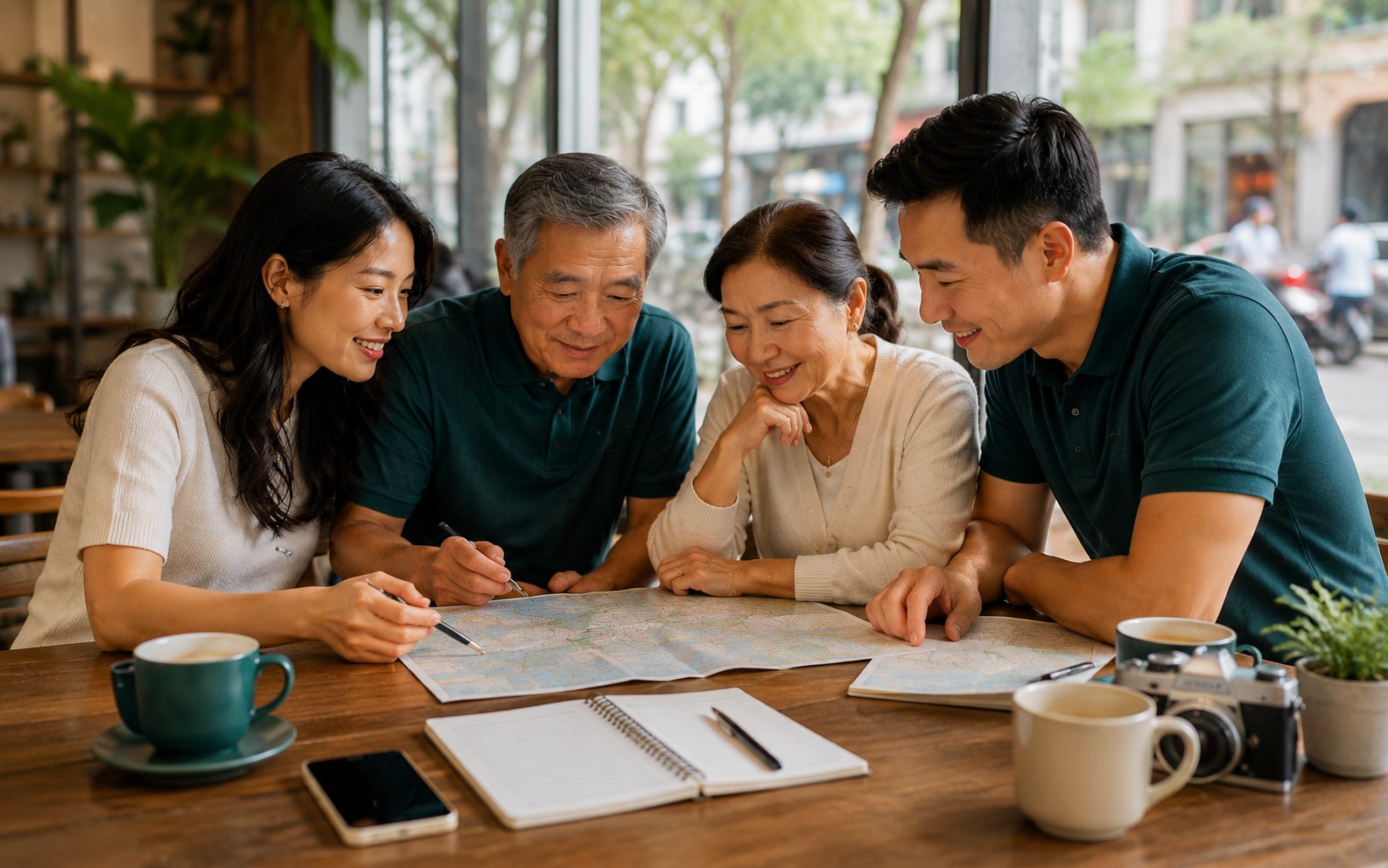 Bàn chuẩn bị cẩm nang Thành phố Hồ Chí Minh với bản đồ, điện thoại và ghi chú hành trình.