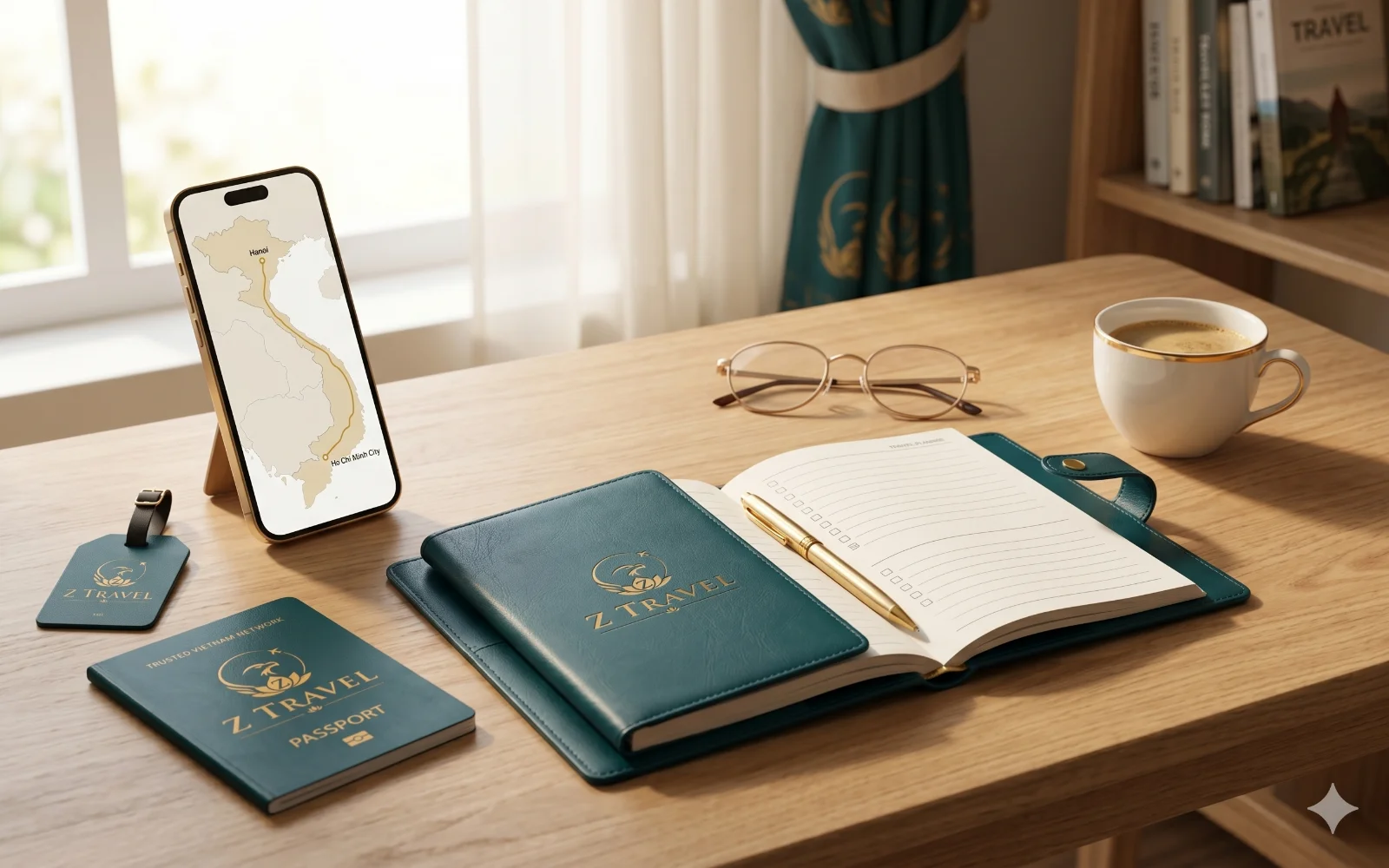 Cận cảnh bàn chuẩn bị du lịch gọn gàng với sổ lập kế hoạch, kính đọc sách và điện thoại hiển thị bản đồ Việt Nam.