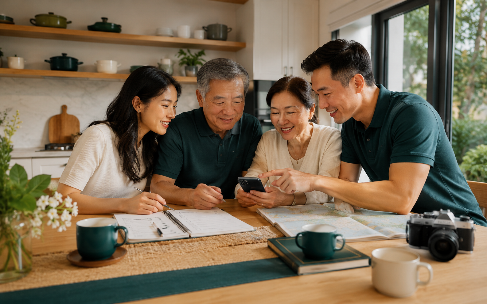 Không gian làm việc gọn gàng với bản đồ Việt Nam, sổ ghi chú và vật dụng chuẩn bị chuyến đi.