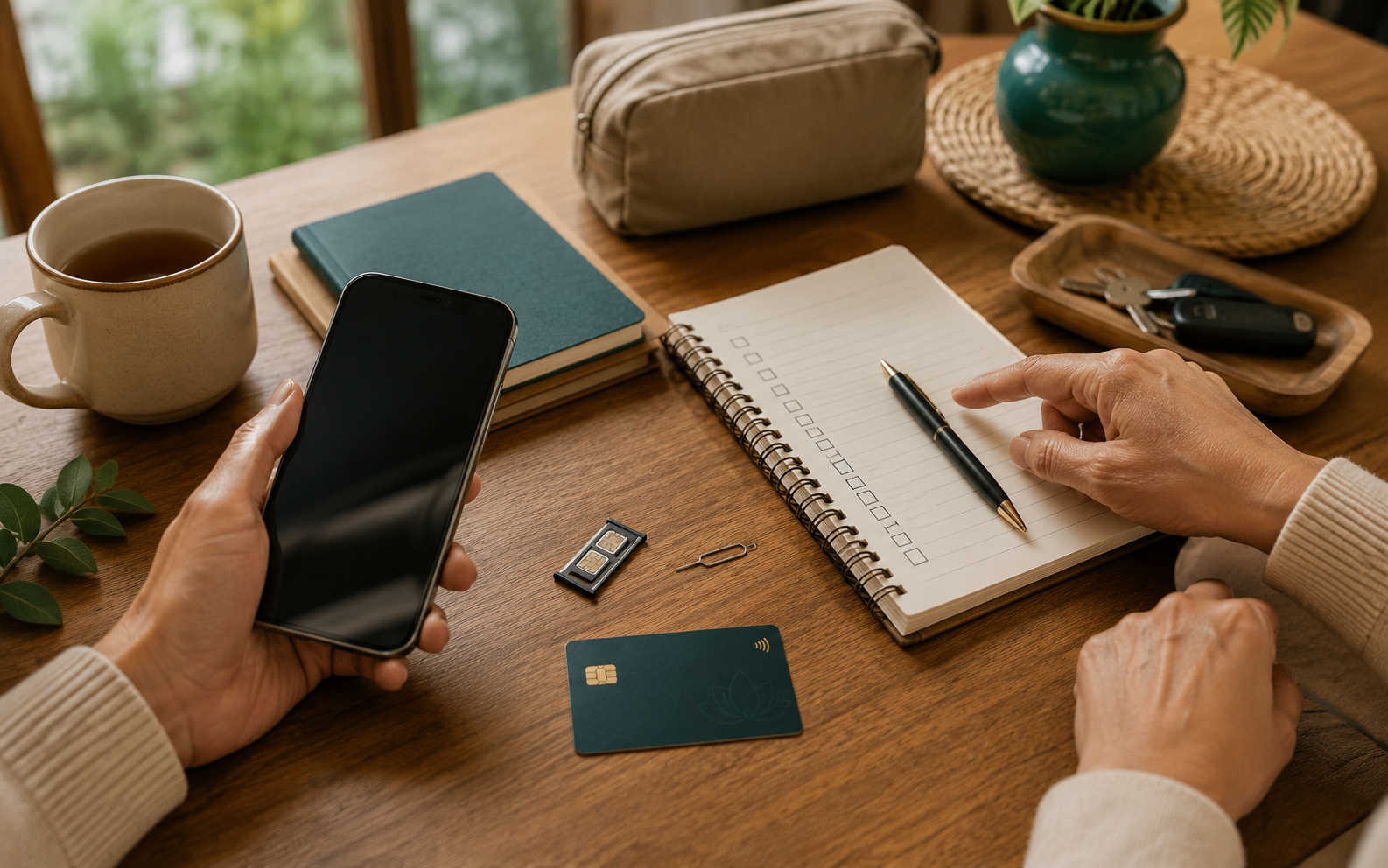 Bàn chuẩn bị thông tin du lịch cơ bản với checklist, điện thoại và ghi chú cho chuyến về Việt Nam.